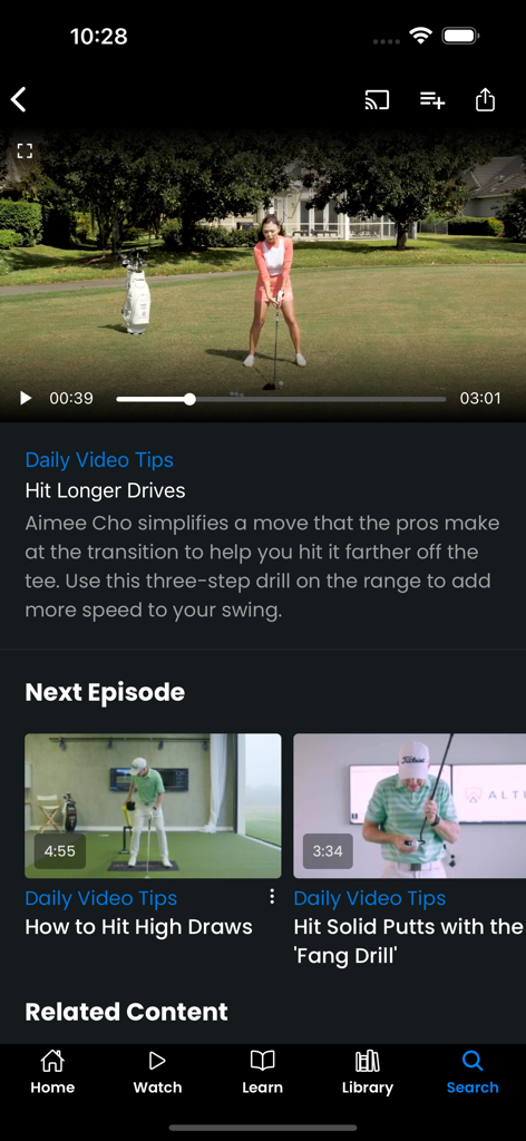 GolfPass - GolfPass app interface showing a video lesson on hitting longer drives with instructor Aimee Cho.