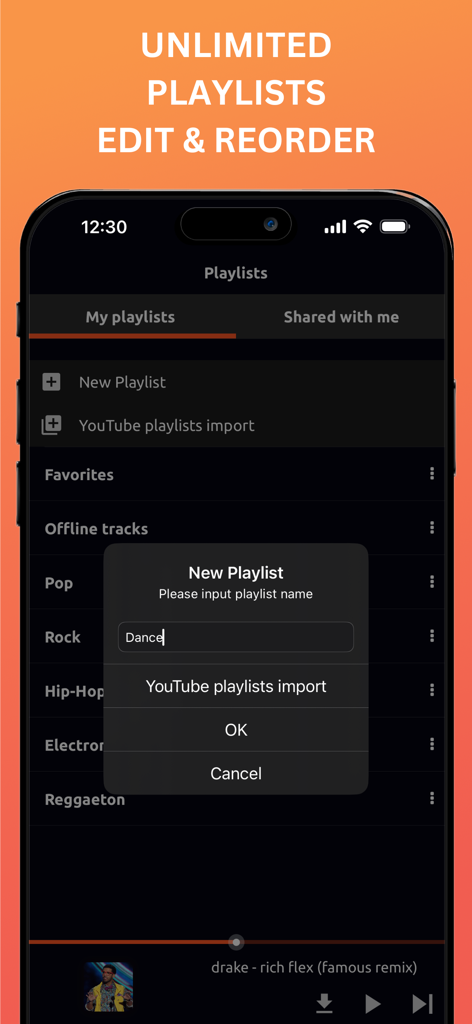 Mobile app interface showing playlist management with a popup to create a new playlist and options to import from YouTube.
