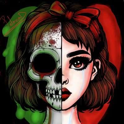 realistic girl with half skull mask