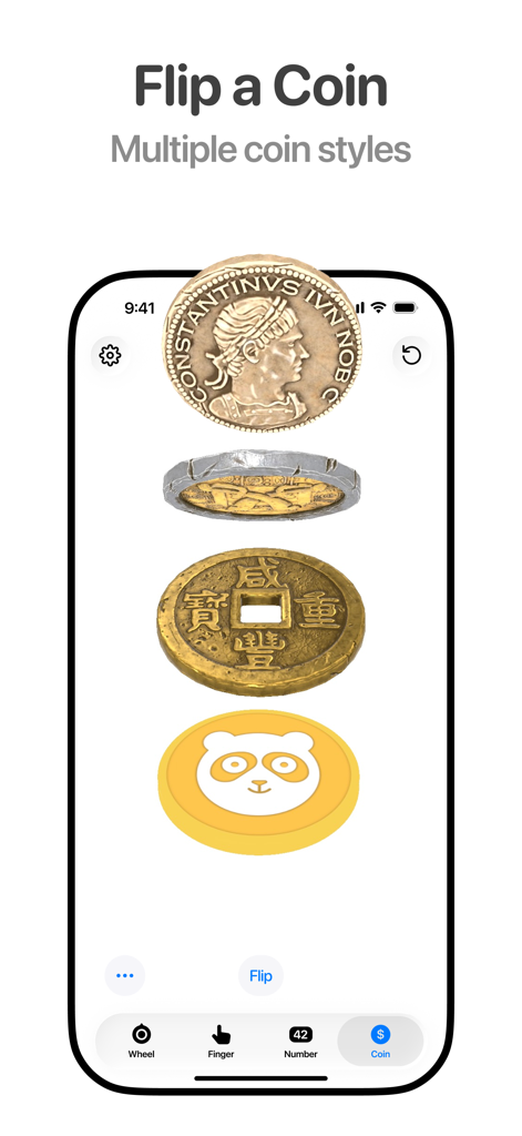 Tiny Decisionsアプリでランダムな選択をするために利用できる異なるコインスタイルを示すモバイル画面。