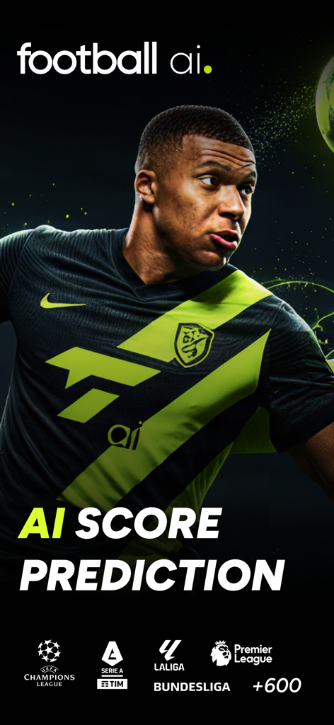 Soccer AI: Match Score Picks - App splash screen showing AI score prediction for major soccer leagues with a professional player graphic