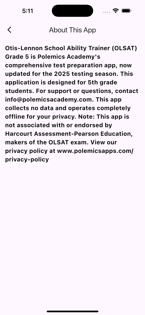 La schermata Informazioni su questa app per l'app di preparazione al test OLSAT, incluse informazioni sulla privacy e dettagli di contatto