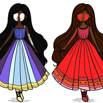 two girls with long flowing dresses and hair