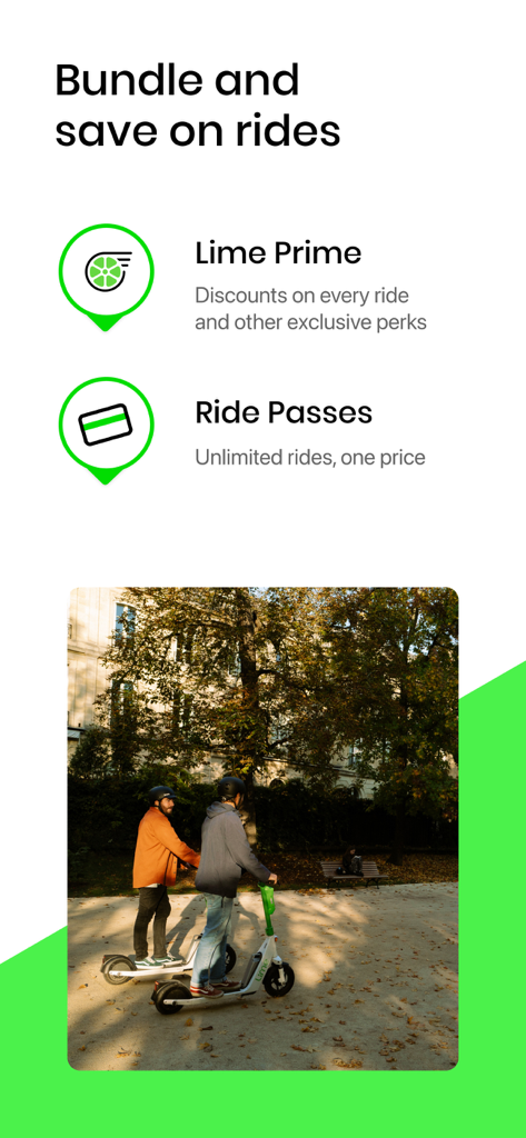 Lime app screen showcasing Lime Prime and Ride Passes for discounted scooter rides in the city.