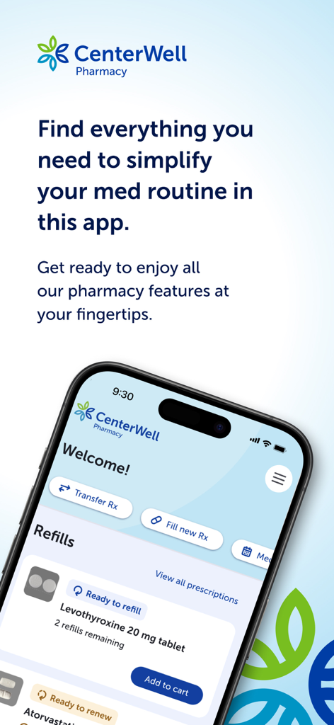 CenterWell Pharmacy mobile app showing prescription refill and medication management options on a smartphone screen
