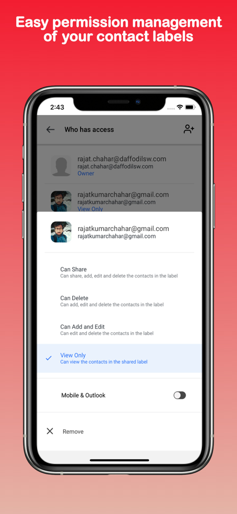 Shared Contacts for Gmail® - Mobile app interface showing access permission management for shared contact labels with options like View Only and Can Edit.