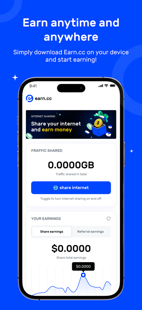 Earn.cc-Share Data, Earn Money - Interfaz de la aplicación móvil Earn.cc en un iPhone que muestra el panel de intercambio de internet y el rastreador de ganancias