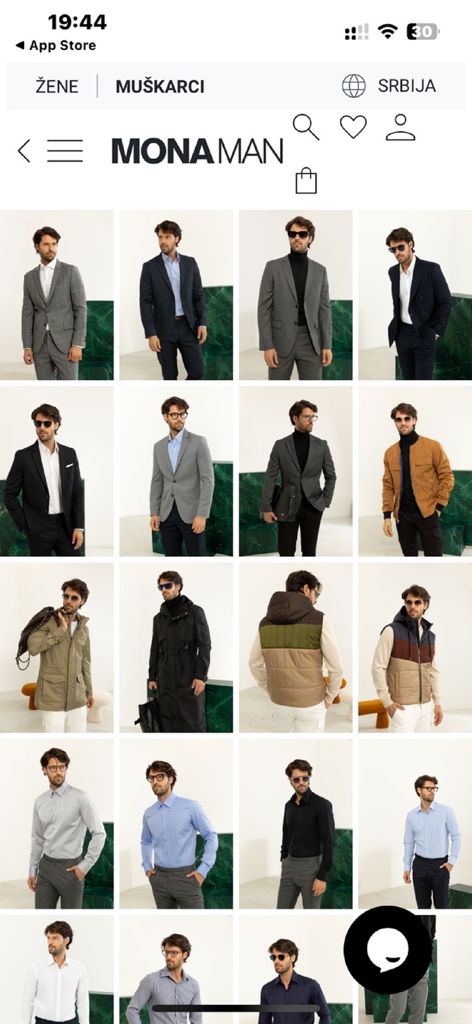 Mona Man mobile app catalog featuring high quality mens clothing and suits