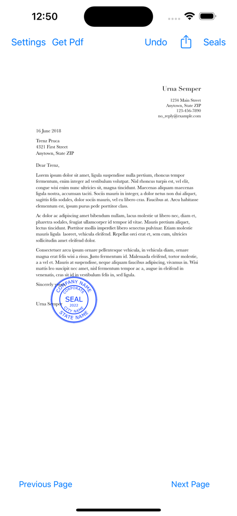 Um carimbo digital azul de empresa carimbado em um documento PDF dentro do aplicativo móvel Company Seals