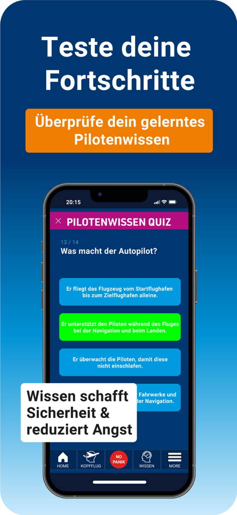 PassengerGuard: Flugangst - Una interfaz de aplicación móvil de PassengerGuard que muestra un cuestionario de conocimiento de pilotos diseñado para reducir el miedo a volar a través de la educación técnica.
