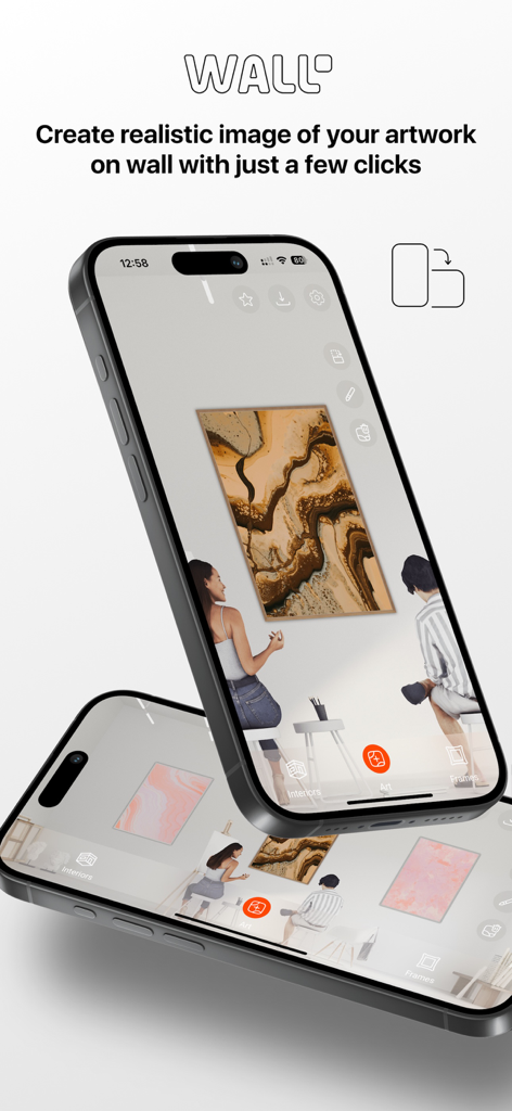 Artmywall app on iPhone screens showing realistic artwork mockups in living room interiors