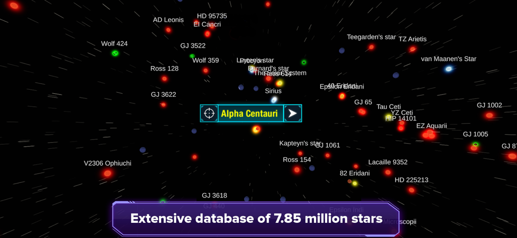 Stars and Planets - Astronomy - A 3D star map visualization from the Stars and Planets app showing Alpha Centauri and a database of 7.85 million stars.