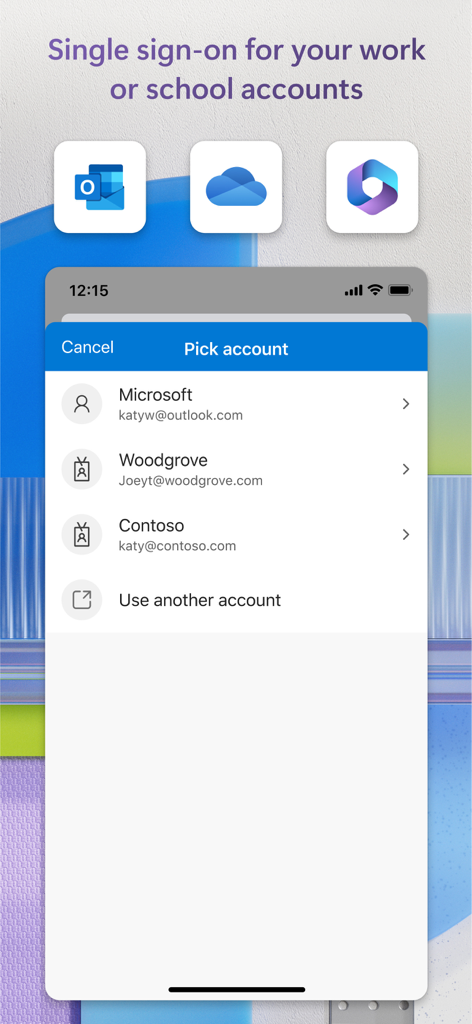 Microsoft Authenticator interface showing account selection for single sign-on with work and school accounts