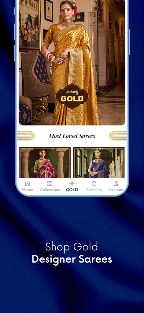 Captura de tela do aplicativo Sudathi exibindo a coleção de sarees de grife dourados.