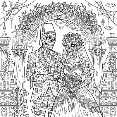 Dive into a uniquely eerie romance with our Reanimated Mummies Wedding coloring page. This intricate design beautifully blends ancient Egyptian lore with gothic wedding charm, offering a truly distinctive coloring experience.
