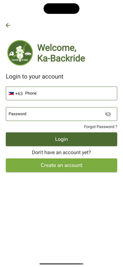 Pantalla de inicio de sesión de la aplicación móvil Backride Pinas con campos para teléfono y contraseña