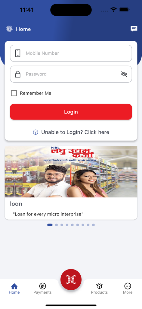 NBL BankSmart XP - NBL BankSmart XP login screen with mobile number and password fields and a red login button
