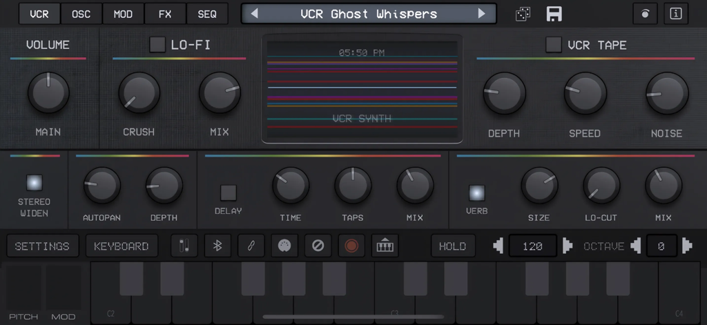 User interface of the King of VHS VCR Synth mobile app showing vintage knobs and a retro digital screen.