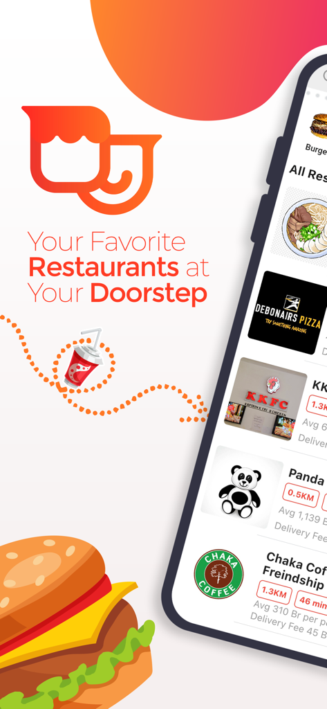 Una pantalla de la aplicación móvil beU Delivery con el eslogan Tus Restaurantes Favoritos en Tu Puerta y una lista de opciones de comida local.