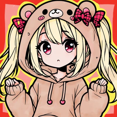 cute anime girl with ponytails and a cute bear hoodie