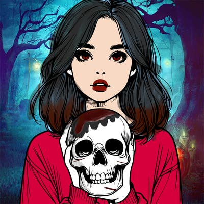realistic girl holding a skull