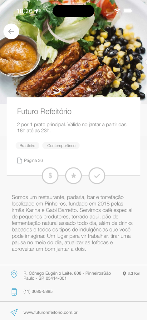 Pagina dei dettagli di un ristorante nell'app dois por um che mostra un'offerta 2x1 sul piatto principale per Futuro Refeitorio.