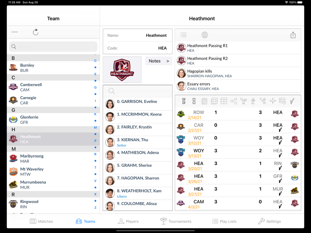 DVMate iPad dashboard displaying a volleyball team roster and match performance history
