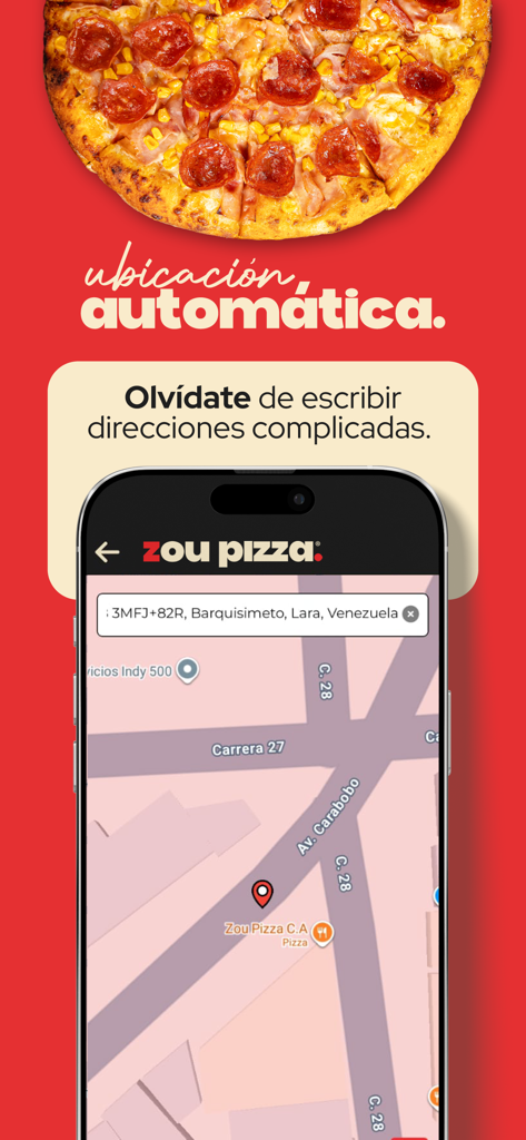 Zou Pizza - Smartphone affichant l'interface cartographique de l'application Zou Pizza avec la fonction de détection automatique de la localisation