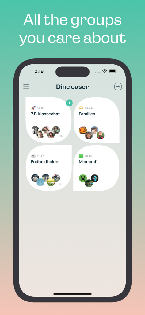 Oase - Interfaz de la aplicación Oase que muestra varios círculos de chat grupal para la coordinación familiar y comunitaria