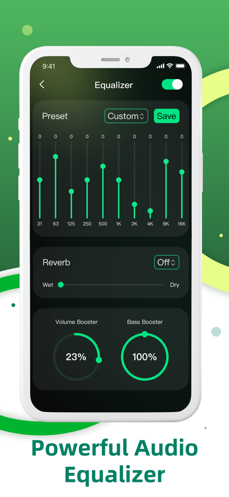 Offline Music Player MP3 Stube - Smartphone interface showing the audio equalizer settings with volume and bass booster controls.
