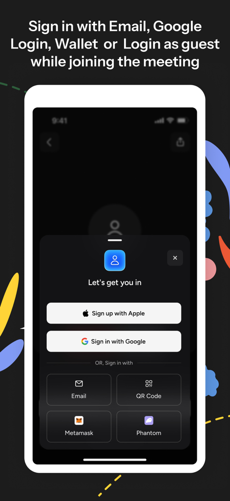 Huddle01 app sign in screen showing various login options including Apple, Google, Email, and Web3 wallets like Metamask and Phantom.