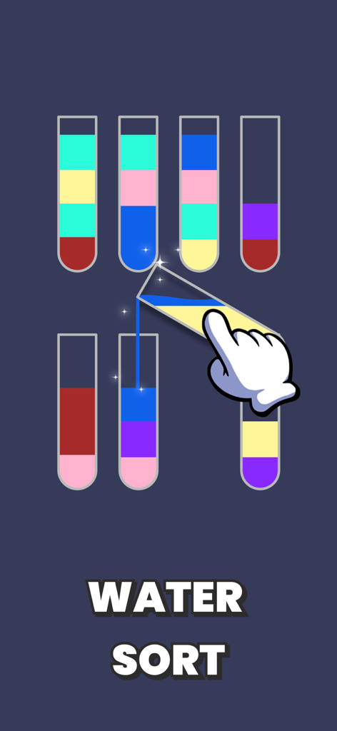 Captura de pantalla del minijuego Water Sort que muestra tubos de ensayo con líquidos de colores y un ícono de mano vertiendo líquido azul.