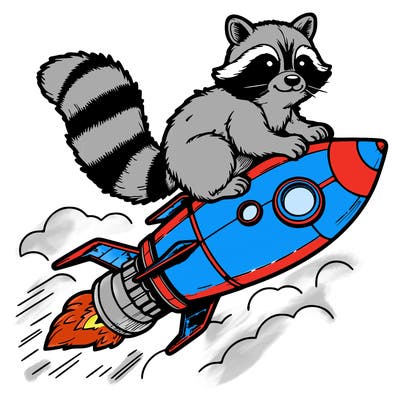 realistic raccoon flying on top rocket ship
