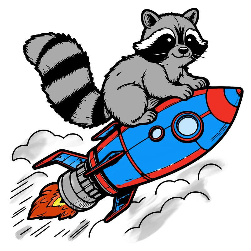 realistic raccoon flying on top rocket ship