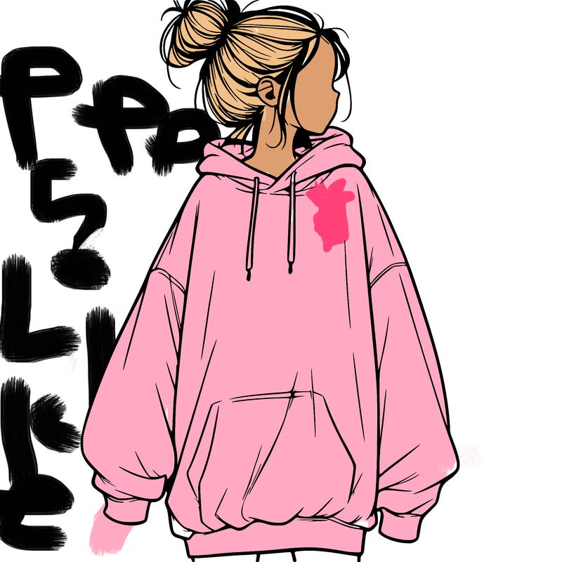 realistic girl with a oversized sweatshirt on and a bun