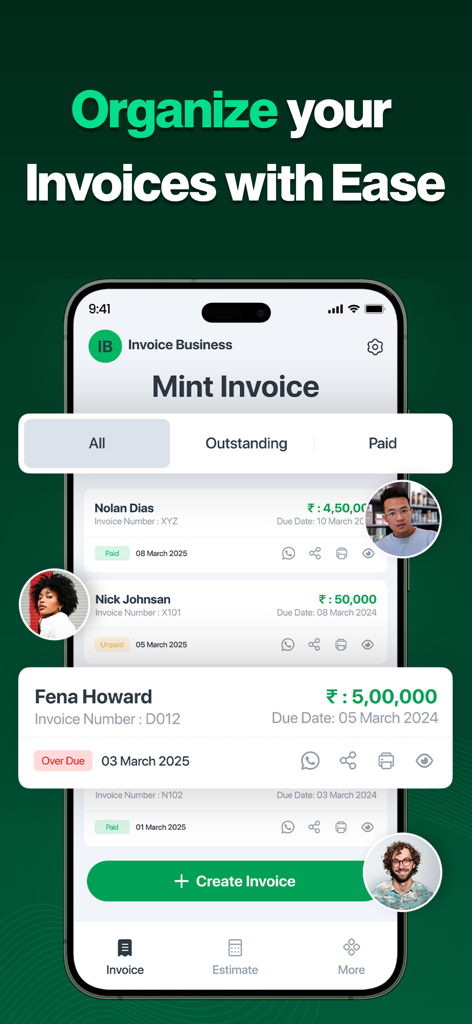 Mobile app interface showing a list of organized invoices with paid and overdue status indicators