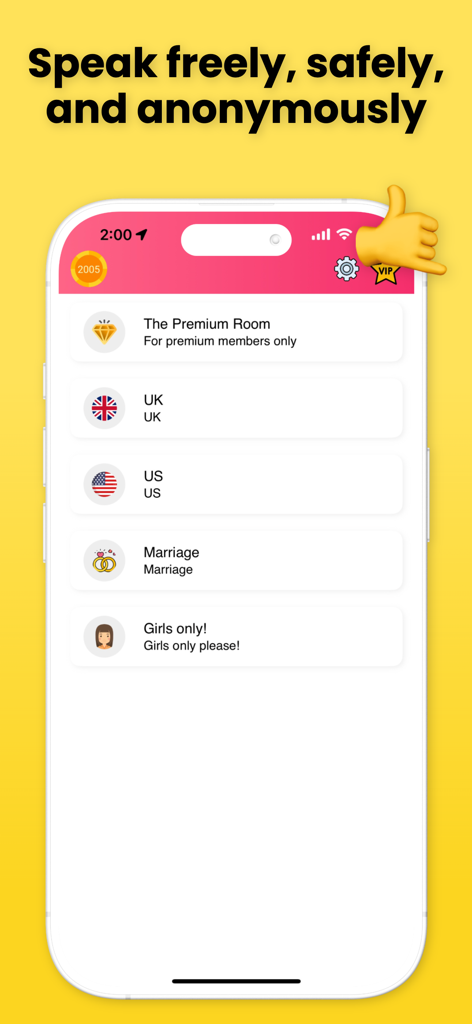 Secret Chat Anonym Meet Friend - Interface of the Secret Chat app showing a list of anonymous chat rooms including US UK and themed options