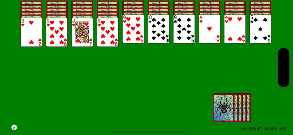 Classic Spider - Interface de jogabilidade do Spider Clássico mostrando pilhas de cartas em um fundo verde tradicional com designs de cartas retrô