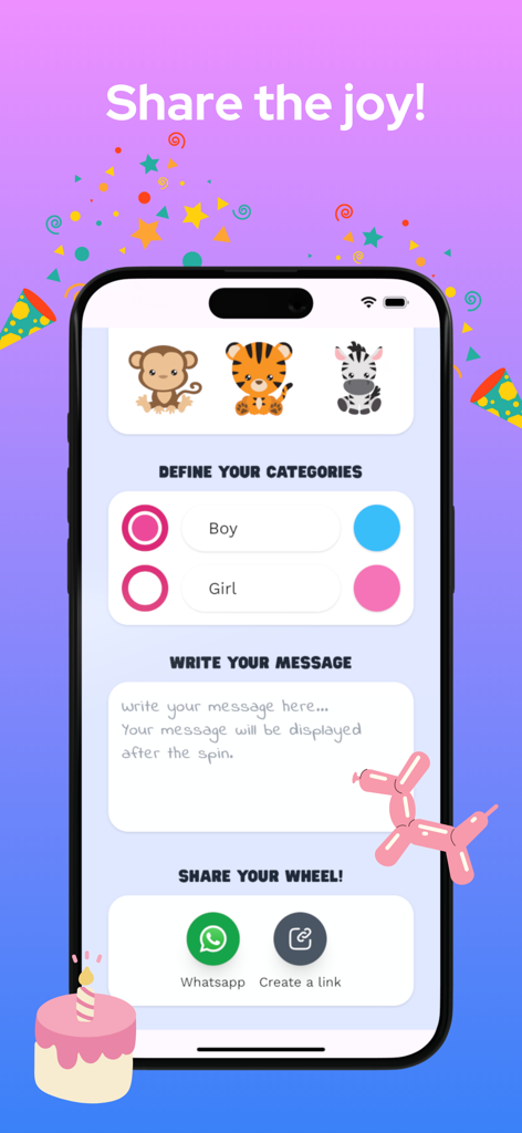 Gender Reveal Wheel - Screenshot of the Gender Reveal Wheel app showing options to customize categories write a personalized message and share the wheel via WhatsApp or link