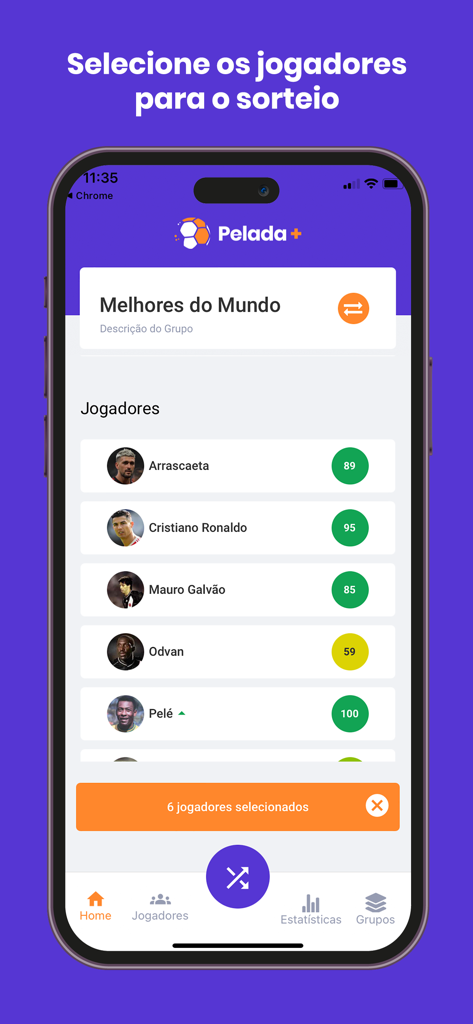Pelada+ - Liste von Fußballspielern mit Attributbewertungen in der Pelada plus mobilen App