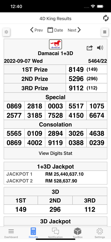 4D King mobile app showing Damacai 1 plus 3D lottery results and jackpot prize amounts.