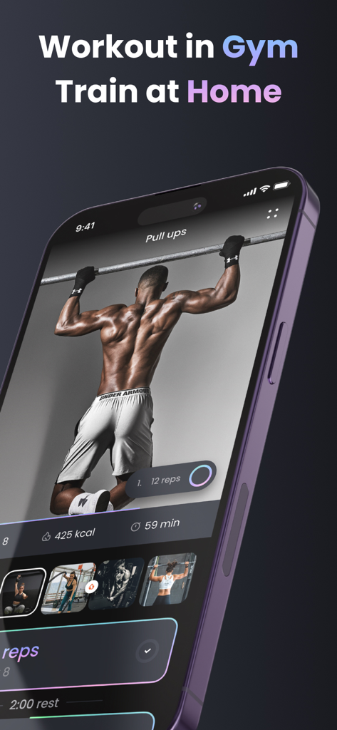 Fitonist gym workout planner app interface showing a pull ups video and fitness tracking data