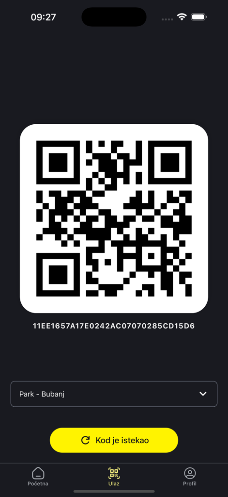 Teretana Park - Schermata del codice QR per il check-in digitale in palestra