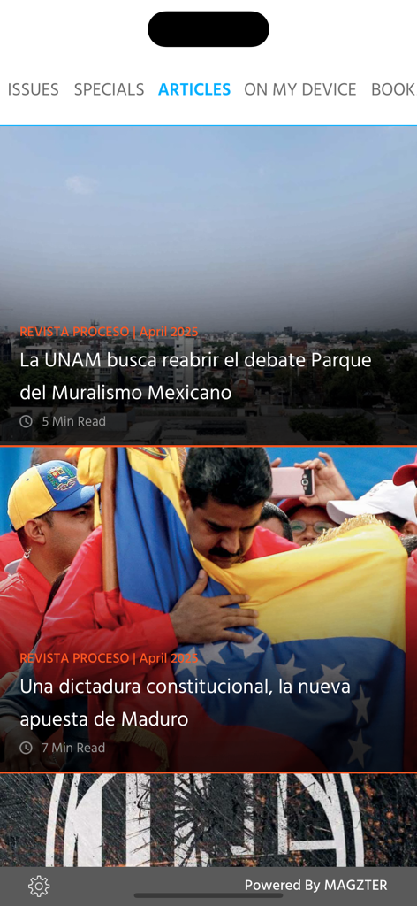 Revista Proceso - Revista Proceso app articles section showing news stories in Spanish