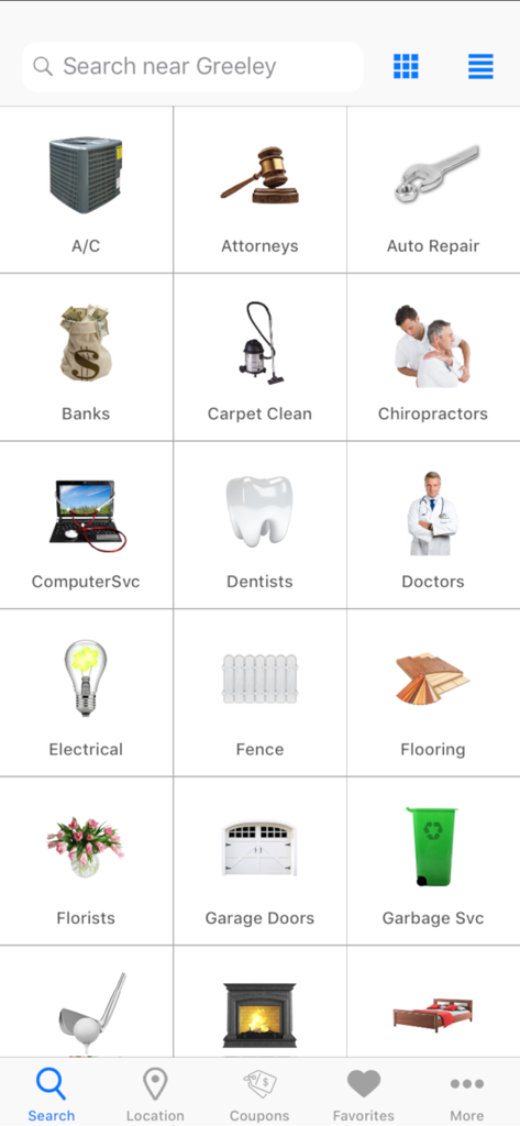 SRT Minot Phone Directory - SRT Minot Phone Directory app interface showing a grid of popular local business categories for quick searching