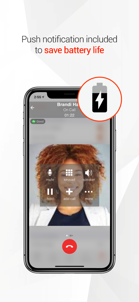 Bria - VoIP Softphone - Bria VoIP softphone interface highlighting push notifications for battery efficiency during professional calls