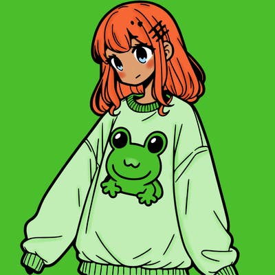 girl wearing frogging sweatshirt
