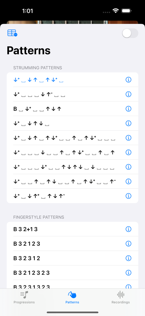 Guitar Elite-Chord Play Center - Lista de patrones de guitarra de rasgueo y fingerstyle en la aplicación Guitar Elite