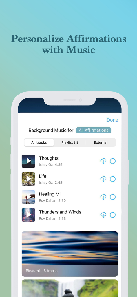 ThinkUp-Daily Affirmations app - A mobile interface for selecting background music tracks for personalized affirmations in the ThinkUp app