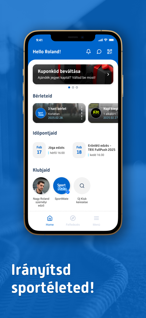 SportMate mobile app home screen showing training schedule and fitness passes